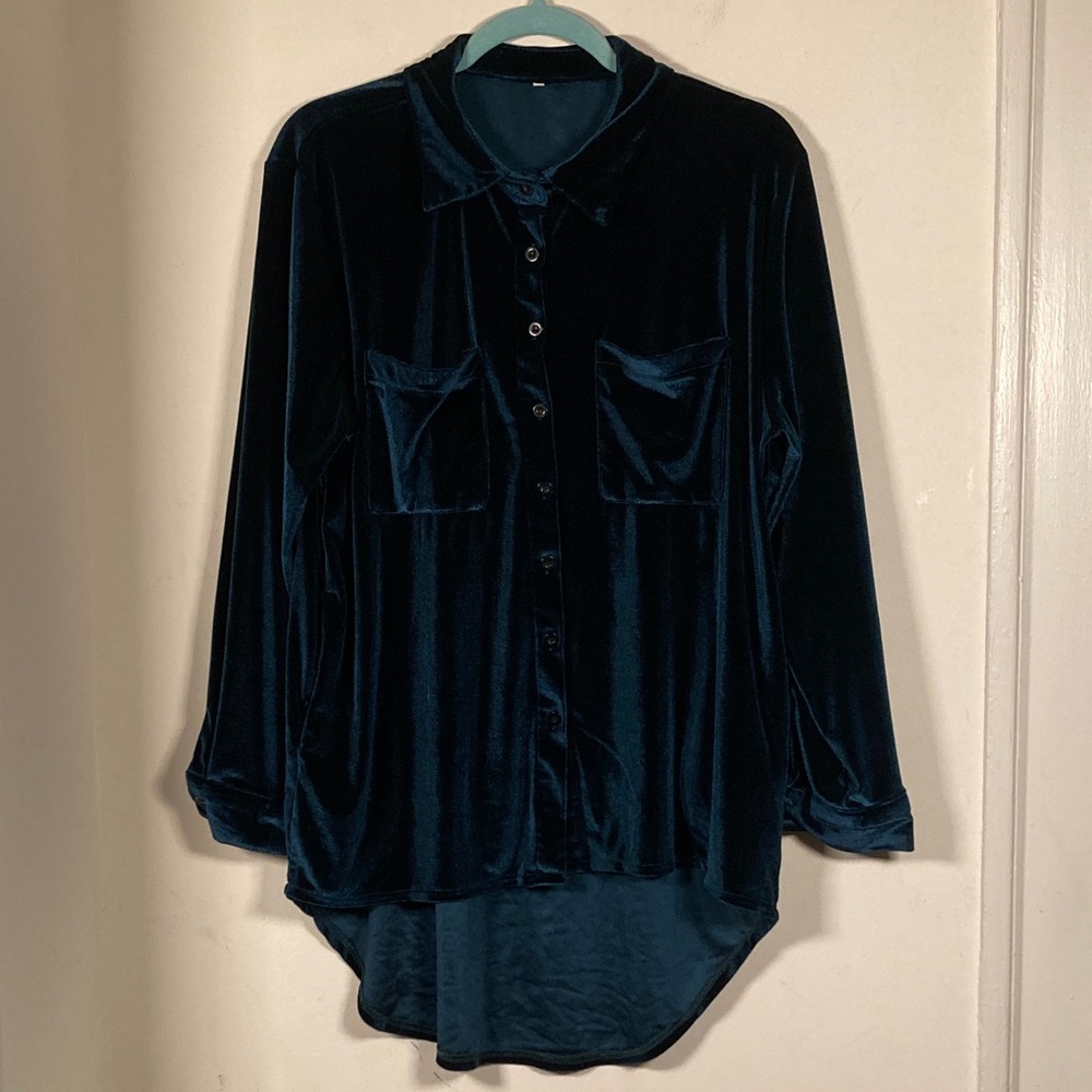 Velvet Woodland Fairy Nymph Forest Green Fishtail Tunic Top Sz L Soft Slinky